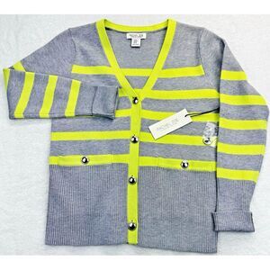 Rachel Zoe Cardigan Sweater Women‎ XS Grey Yellow Striped Ribbed L/S V-Neck